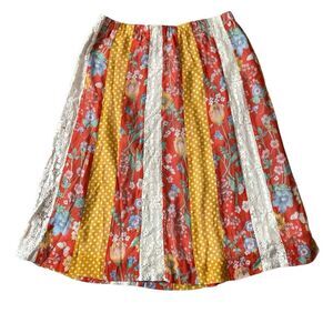 Vintage Chessa Davis Skirt Patchwork Stripes Crochet Lace Tapestry Hippie 70s S